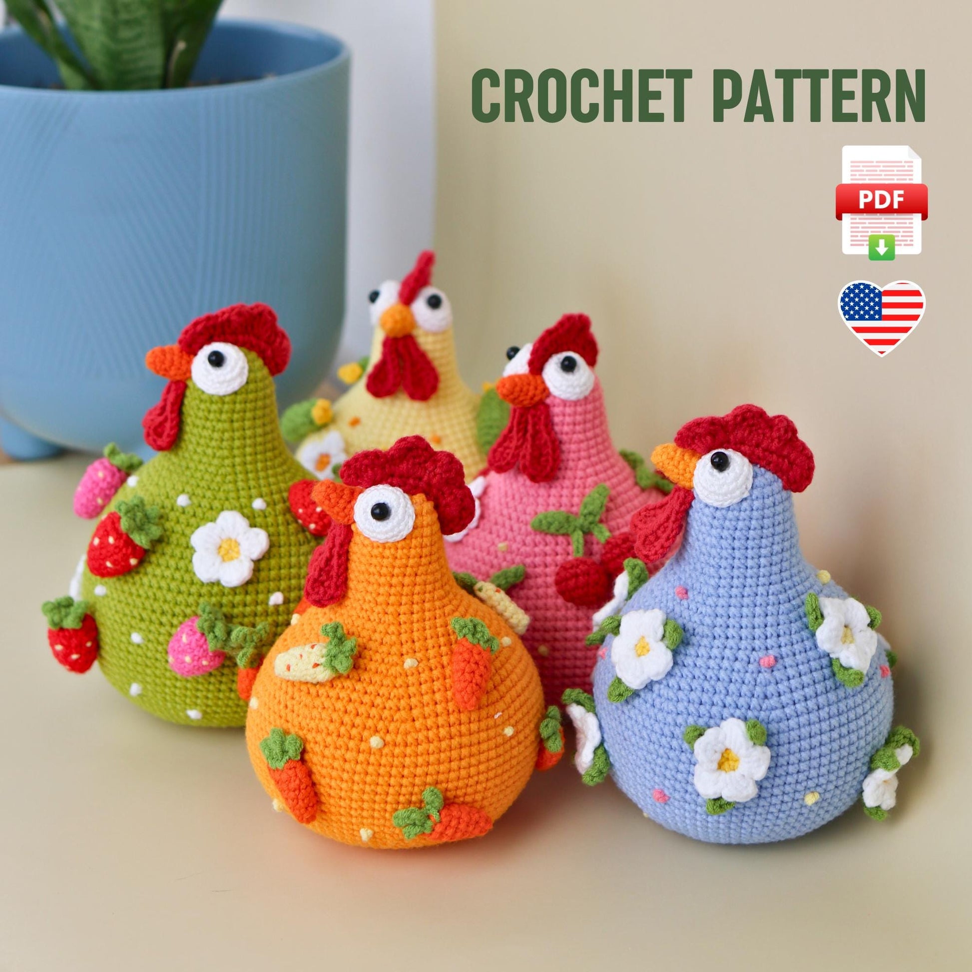 Crochet Chicken Amigurumi Pattern - Adorable DIY Crochet Hens, Easter Chick Toy, Cute Farm Animal PDF Tutorial, Spring Decor, Easy Crochet